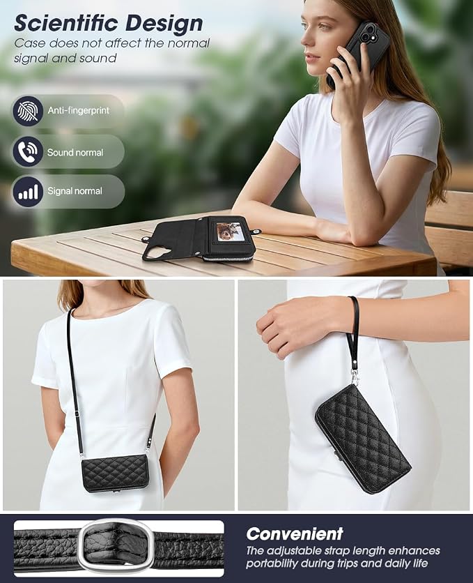 OCASE for iPhone 17 Crossbody Detachable Wallet Case, PU Leather Handbag Phone Purse with Zipper Closure, Card Slots & RFID Blocking, Wrist Strap, Lanyard, Kickstand, Diamond Check Black