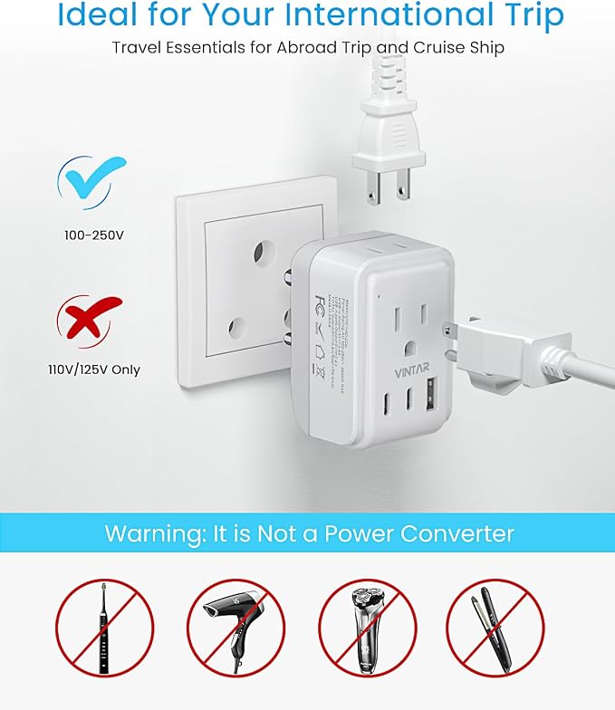 2 Pack US to India Plug Adapter, VINTAR Foldable India Power Adapter with 2 Outlets and 3 USB Ports(2 USB C), 5 in 1 Type D Plug Adapter for US to India Bangladesh Maldives Pakistan Sri Lanka