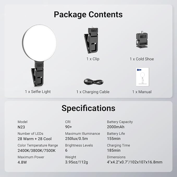 NEEWER Entry Level Version LED Selfie Ring Light, 4.8W Bi Color Edge Lit Clip Phone Fill Lighting with 2000mAh Battery, CRI90+ for Camera Laptop Computer Webcam Video Conference Makeup Recording, N23