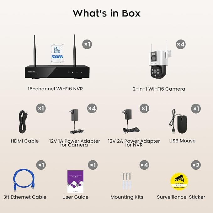 xmartO 4 Dual-Lens Wireless Camera Kit, 8-View WiFi6 Mesh Long Range Security System, 16CH 4K Dual Band NVR, 4MP 180ยฐ Static FOV & 360ยฐPTZ AI Tracking, 24/7 Plug-in, 500GB HDD, No Monthly Fee