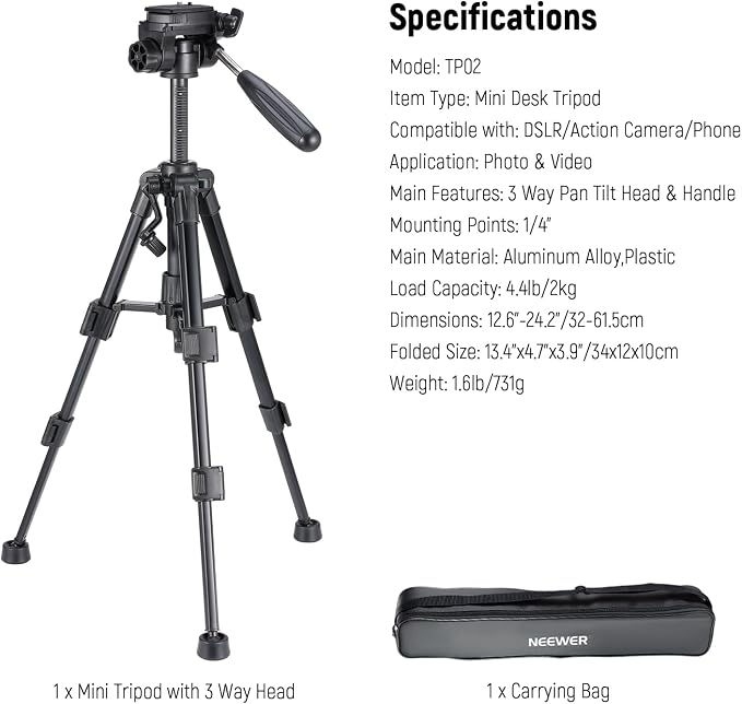 NEEWER Basic Mini Desk Tripod for Camera with 3 Way Pan Tilt Head & Handle, Small Portable Metal Tabletop Selfie Stick Stand with 1/4" Screw for DSLR Vlog Video Recording, Max Load 13.2lb, TP02