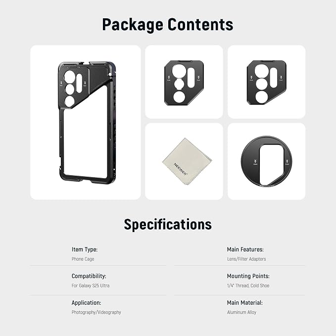 NEEWER S25 Ultra Phone Cage, Mobile Video Rig Phone Stabilizer with 67mm Filter Adapter, 17mm Lens Backplate, T Mount Adapter Compatible with Moment Samsung Galaxy S25 Ultra, 1x Cleaning Cloth, PA082