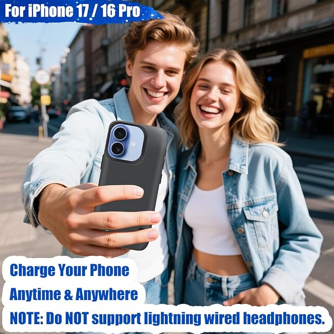 Battery Case for iPhone 17 / iPhone 16 Pro, 5000mAh Rechargeable Extended Battery Charging/Charger Case, Add 100% Extra Juice (6.3 Inches) Black
