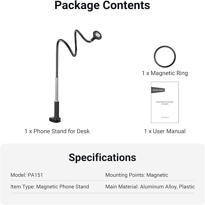 NEEWER Basics Magnetic Phone Stand for Desk, 360° Overhead Table Cellphone Holder Clamp Mount with Flexible Arm, Compatible with MagSafe iPhone Android Samsung for Bed Video Recording, PA151 Black
