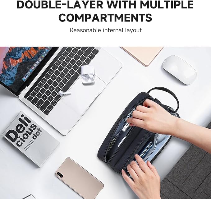 Teskyer Double Layer Cable Organizer Bag, Travel Tech Pouch, Black | Elastic Bands Organization, Water Resistant Fabric, Multiple Compartments, Padded Protection, Travel and Office Use