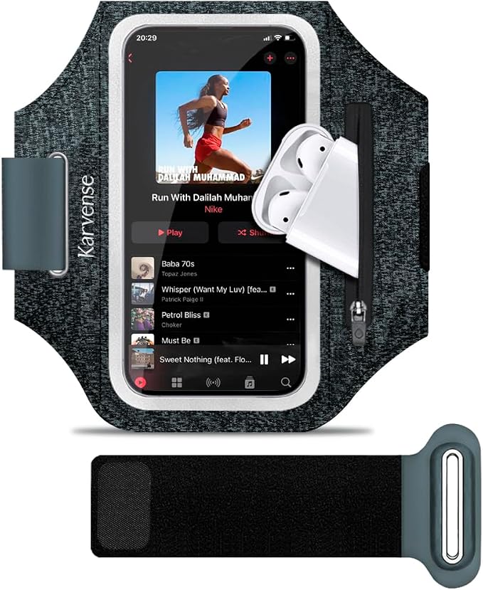 Running Phone Holder, Arm Band for Running for iPhone & Samsung Galaxy, Cell Phone Armband Holder for Walking, Gym, Workout, Men, Women, w/Adjustable Strap & Zipper Pocket (Black Heather-L)