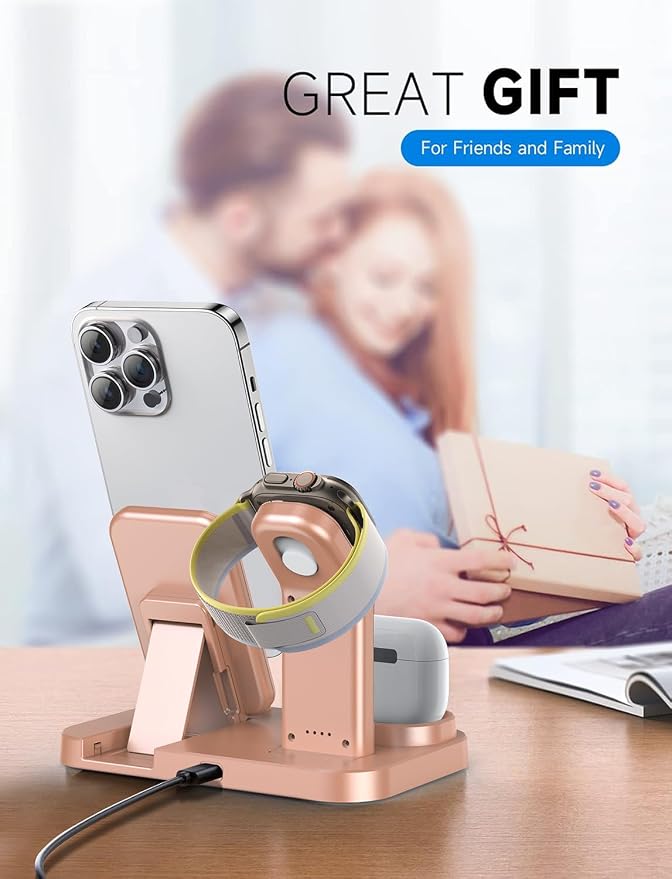 Wireless Charging Station 3 in 1 RJR Compatible with Apple Devices, Charging Dock for iWatch, Built-in Wireless Charger Stand for iPhone Series AirPods Gifts (with 18W Adapter) Rose Gold