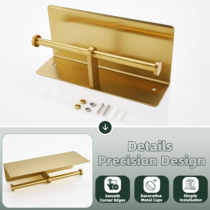 APLusee Brushed Gold Double Toilet Paper Holder with Shelf, Heavy Duty 304 Stainless Steel Tissue Roll Holder, Commercial Paper Dispenser Wall Mounted