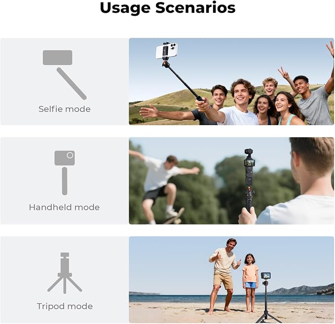 K&F CONCEPT 25.6'' Mini Selfie Stick Tripod Stand, 5 Levels 360° Ball Head Pocket Tripod with Cold Shoe, Small Tripod Compatible with DJI Osmo Pocket 3 Action 5 Pro GoPro Hero13 Smartphone.