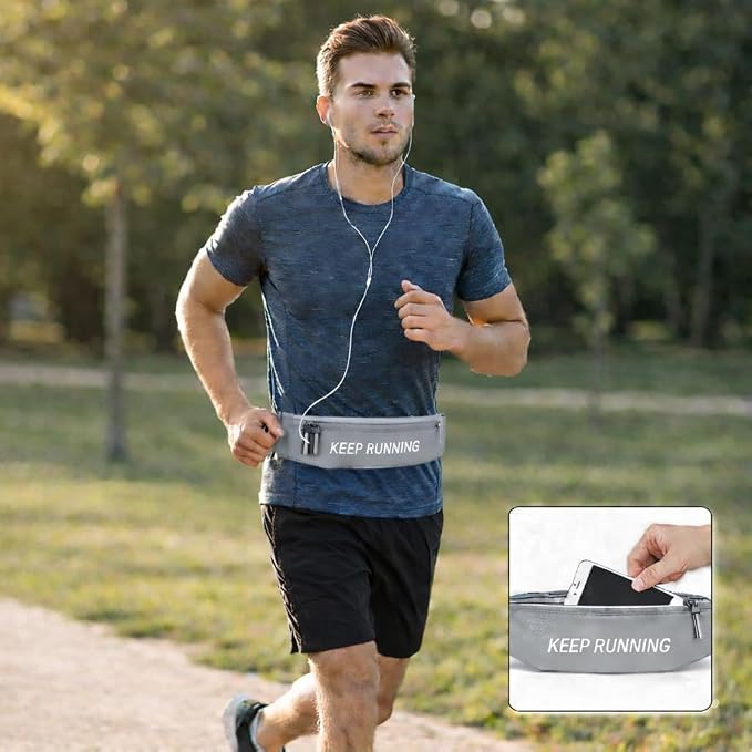 Slim Running Waist Pack for Women Men, Large Capacity Waist Belt with Organized Compartments, No-Bounce Secure Fit for Cycling, Hiking, Climbing Adventure & Reflective Safety Night Running-Gery