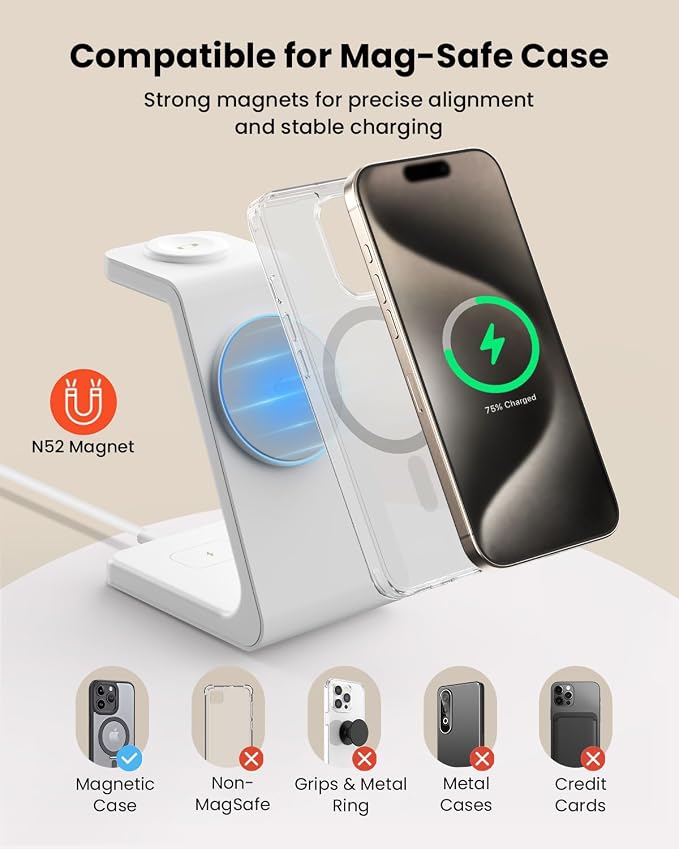Magsafe Wireless Charging Station for iPhone: Qi2 Certified 15W Fast Charging Station, 3 in 1 Magnetic Charger Stand for iPhone 17/16/15/14/13/12 Series, Apple Watch, AirPods 4/3/Pro