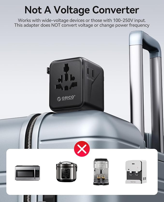 ORICO Universal Travel Adapter 100W GaN International Power Adapter | 7 in 1 (2 AC, 3 USB-C, 2 USB-A) European Travel Plug Adapter, Built-in Retractable USB-C Cable for Eu UK AU 200+ Countries
