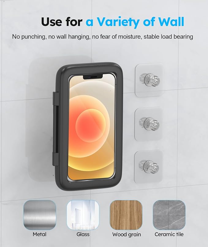 Waterproof, Upgraded IPx7 Wall Mount, 480° Rotation, HD Touchscreen, Ideal for 4-7” Smartphones - Perfect Shower Accessories-Black