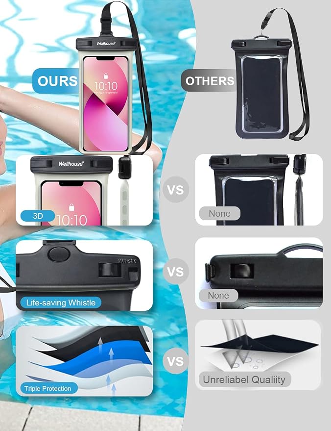 wellhouse Waterproof Phone Pouch, Waterproof Phone Case for iPhone 17 16 15 14 13 Pro Max XS Samsung, IPX8 3D Cellphone Dry Bag Beach Essentials (1 Pack - Luminous Black7.0, 7 inch)