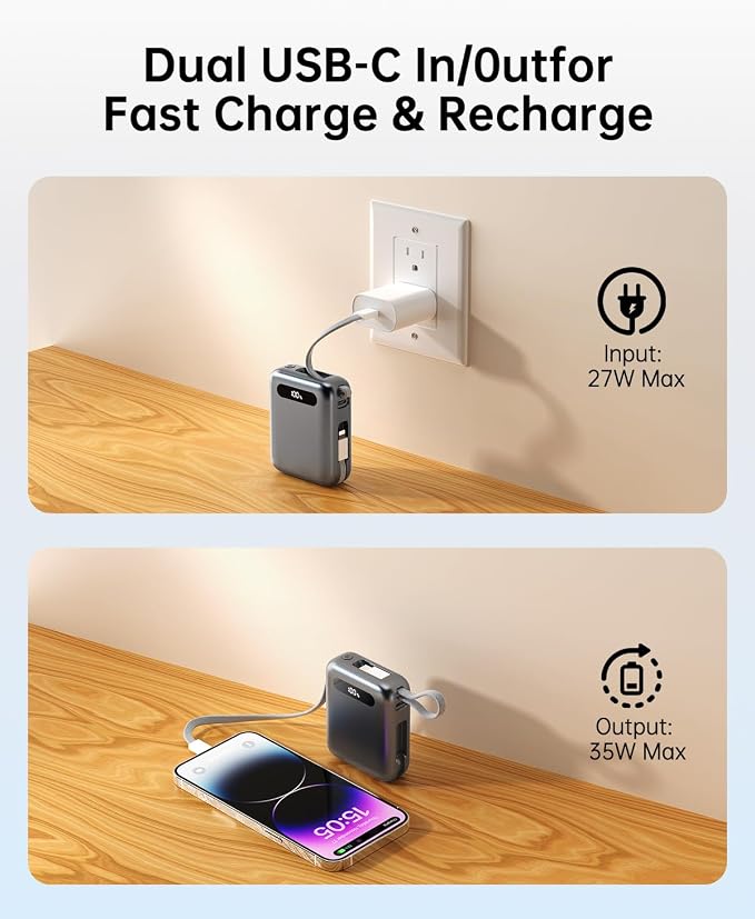 Portable Charger, Ultra Mini 10000mAh Portable Charger Power Bank with Built-in Cables, 35W Fast Charging Battery Pack, Travel Essential Compatible with iPhone 17 16 15 Samsung S22 S21 Google iPad etc