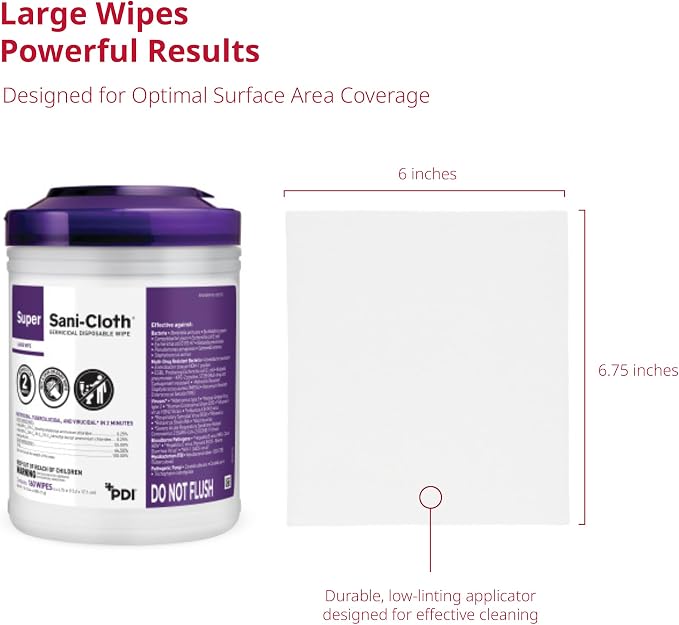 Super Sani-Cloth Germicidal Disposable Wipe, Hospital Grade Disinfection, 160 Large 6" x 6.75" Wipes Each, Case of 12 Canisters
