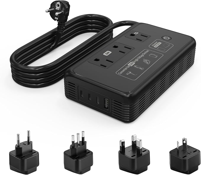 Mapambo 2000W 220V to 110V Converter for Hair Dryer, Voltage Converter US to Europe, Converter for European Travel with Type G C I L, Universal Travel Adapter with 2 USB-C 2 USB-A (Black)