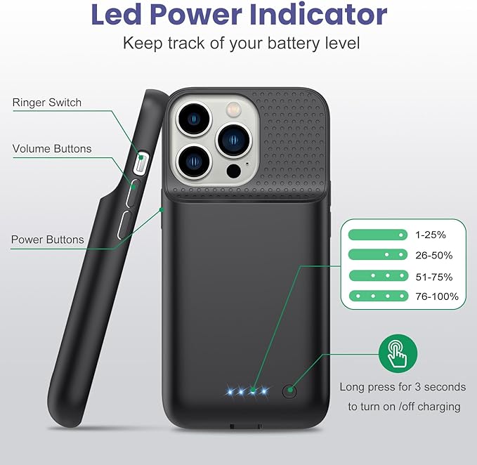 Ekrist Battery Case for iPhone 13/ 13Pro/14,Powerful 7500mAh Battery Charger Case Portable Rechargeable Protective Extended Additional Charger Case for iPhone 13/13 Pro/14, Black
