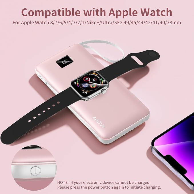 Portable Charger 10000mAh 22.5W PD 3.0+QC 4.0 Super Fast Charging Power Bank, Built-in Cables & AC Wall Plug & Magnetic Wireless iWatch Charger, USB-C Battery Pack for iPhone/Samsung/Apple Watch, etc