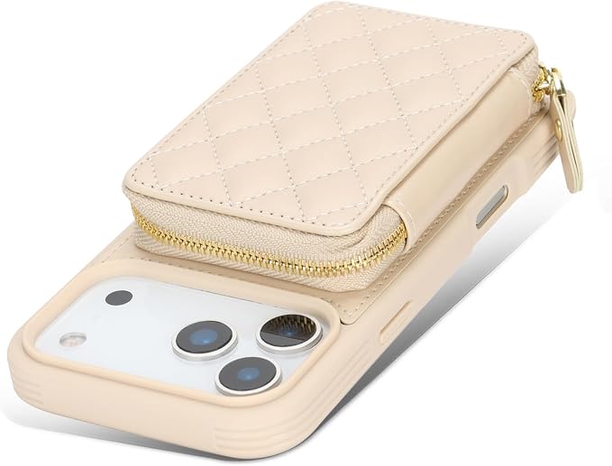 Crossbody Wallet Case for iPhone 17 Pro Max, PU Leather Zipper Handbag Purse Flip Cover, Kickstand Folio Case with Card Slots Holder Wrist Strap Lanyard 5G 6.9 Inch-White