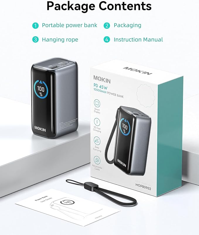 MOKiN Portable Charger 10000mAh, 45W PD Fast Charging Power Bank with Built-in Retractable USB-C Cable, Smart Display Mini Battery Pack, Pocket Portable Charger for iPhone 17/16/15, Samsung, iPad