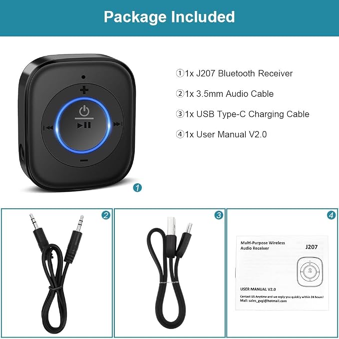Golvery Bluetooth Receiver for Old Speaker with Latest Bluetooth V5.4, 20-Hour Battery Life, Handsfree Calls, Dual Connection to 2 Cell Phones, Built-in Microphone, for Wired Headphones, Home Stereo