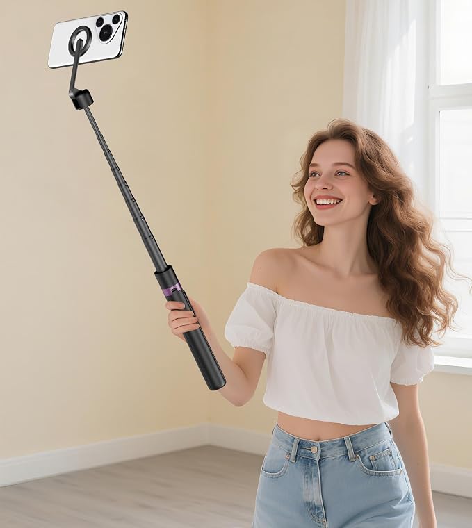 TONEOF 68" Magnetic Selfie Stick Tripod with Aluminum Strong Magnetic Holder for Magsafe, 360° Rotatable Travel Phone Tripod Stand with Metal Ring & Rechargeable Remote for iPhone/Android(Black)
