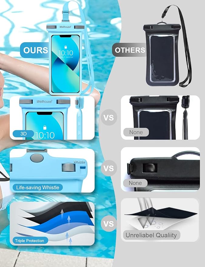 wellhouse Waterproof Phone Pouch, Waterproof Phone Case for iPhone 16 15 14 13 12 Pro Max XS Samsung, IPX8 3D Cellphone Dry Bag Beach Essentials (1 Pack - Light Blue7.0, 7 inch)