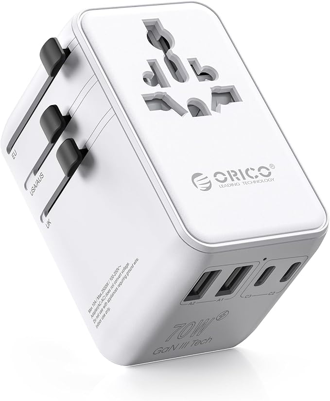 ORICO Universal Travel Adapter 70W GaN International Power Adapter | 7 in 1 (2 AC, 3 USB-C, 2 USB-A) European Travel Plug Adapter, Built-in Retractable USB-C Cable for Eu UK AU 200+ Countries