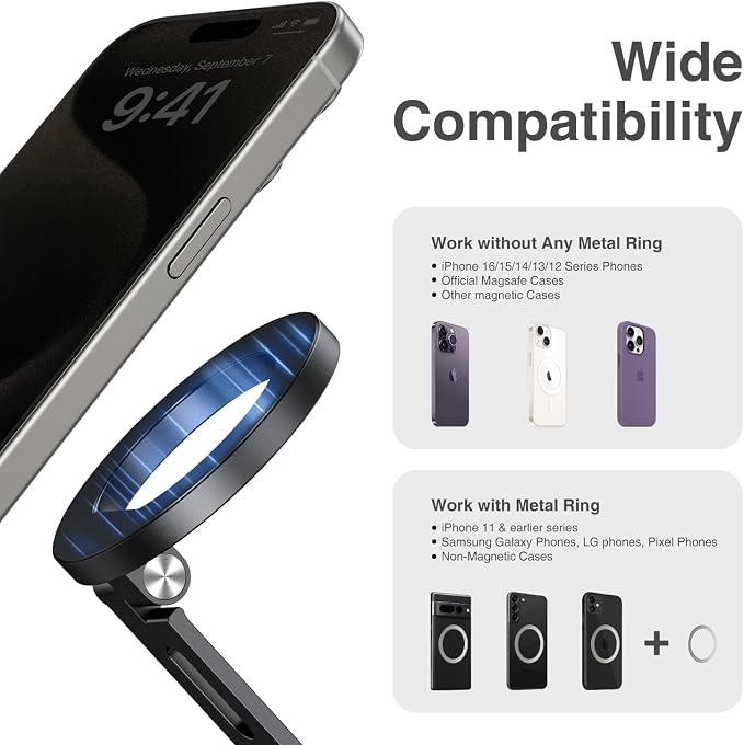 elitehood Magnetic Phone Tripod Mount for Magsafe, Aluminum iPhone Tripod Mount Adapter with 1/4” Screw, Cold Shoe Phone Holder for Camera, Compatible with iPhone 16/15/14/13 Series