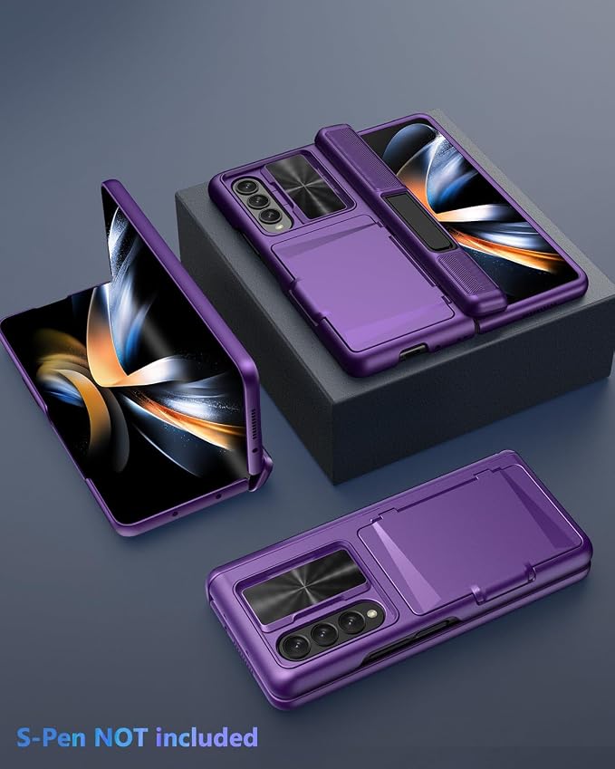 Viaotaily for Galaxy Z Fold 4 Case with Kickstand & Card Holder & Hinge Protection & Sliding Camera Cover, Built-in Screen Protector, Durable Rugged Phone Case for Samsung Z Fold 4, 2022, Dark Purple