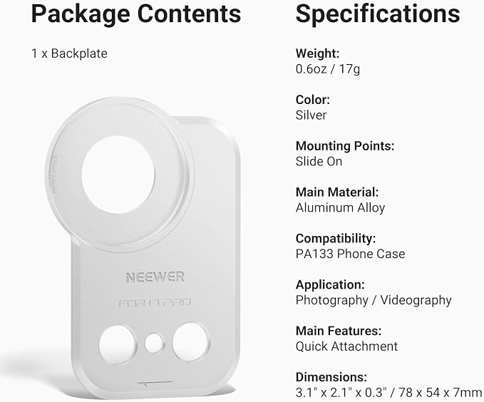 NEEWER 37mm Filter Lens Backplate for PA133 Phone Case Only, Quick Release Video Rig Mobile Photography Accessories Compatible with iPhone 17 Pro Beastgrip, PA173 (Silver)