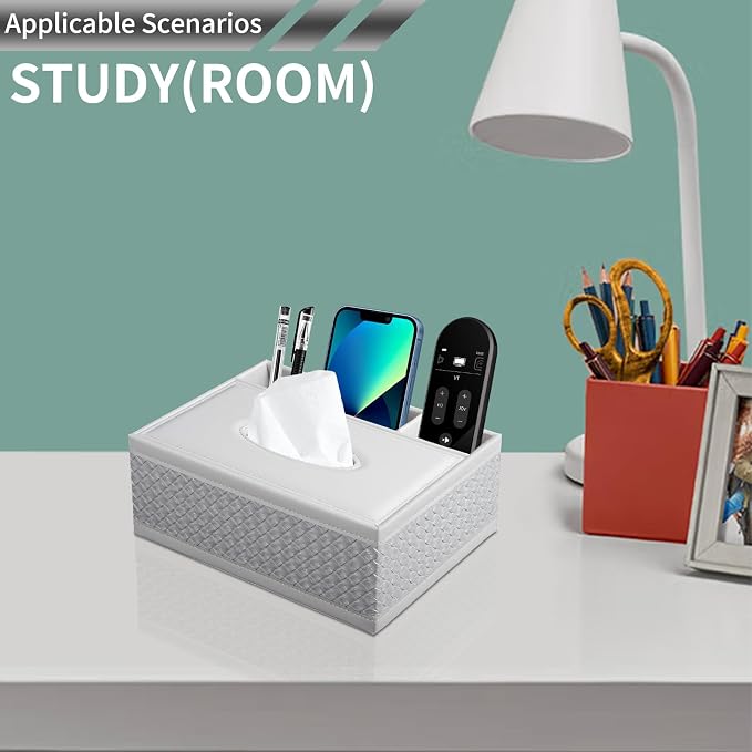 Multifunction PU Leather Tissue Box Holder with Stationery Remote Control Box, Decorative Tissue Pen Pencil Remote Organizer for Home and Office Use(White)