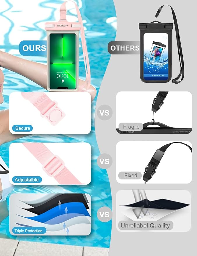 wellhouse Waterproof Phone Pouch, Waterproof Phone Case for iPhone 17 16 15 14 13 Pro Max XS Samsung, IPX8 3D Cellphone Dry Bag Beach Essentials (2 Pack - Luminous Blue & Pink7.0, 7 inch)