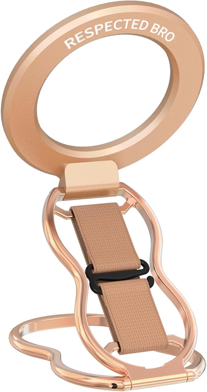 RESPECTED-BRO-Magnetic-Phone-Grip-Stand-with-Finger-Strap, 4-in-1 Magnetic Ring Holder, Kickstand and Elastic Strap for Phones, Universal Fit for iPhone 17/16/15/14/13/12, Android and Cases(Rose Gold)