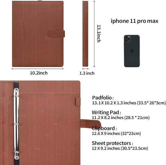 Wonderpool A4 PU Leather Portfolio Holder Ring File Document Case with Removable Binder Clipboard, Multi Pocket and Legal Pad for Business Organizer Interview and Meeting (Brown)