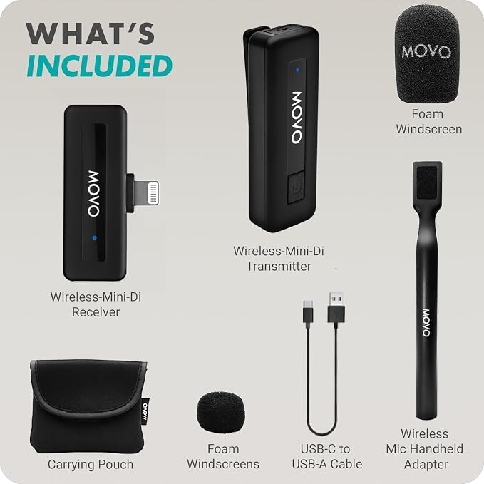 Movo Wireless Mini DI Ultra Compact Wireless Lavalier Microphone for iPhone with WMX-HM Handheld Adapter - Lapel Mic with Handle Mount for Content Creators, Interviews, Reporting and More