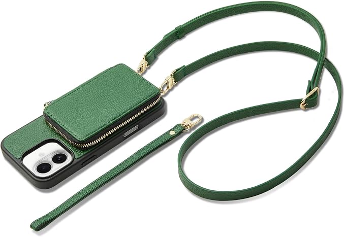 ZVE for iPhone 17 Wallet Case with Card Holder, Leather Crossbody Phone Purse Case with Wrist Strap 6.3" Dark Green