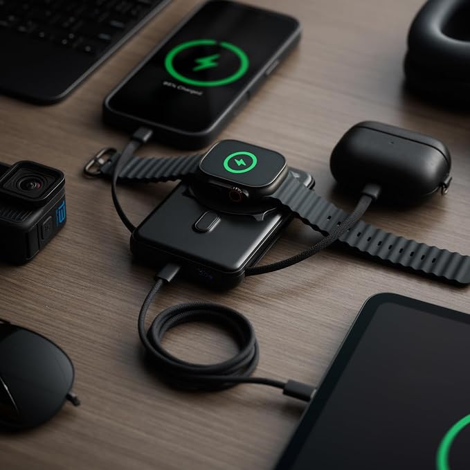 Ridge Magnetic Power Bank Fast Charging - Compatible with MagSafe - Portable Charger Power Bank - with Built in Cable and Wireless Charging, 5-in-1 Charging & Magnetic Attachment (Matte Black)