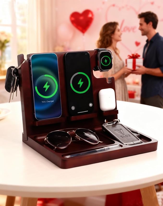 Nightstand Organizer with Dual Phone Wireless Charging Station for 2 iPhone,Apple Watch and Airpods,Bamboo Phone Docking Station,Gifts for Men Dad Husband