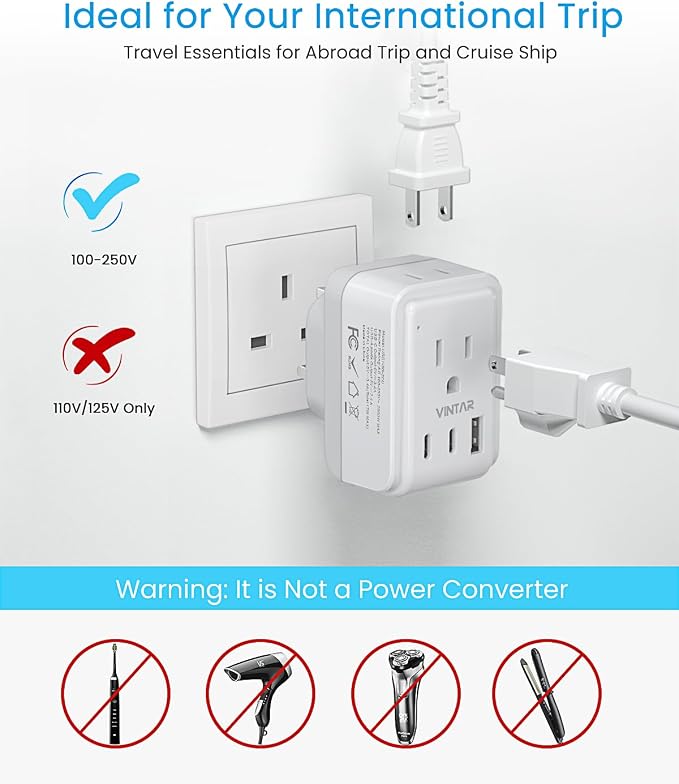 2 Pack US to UK Ireland Plug Adapter, VINTAR Foldable Type G Power Adapter, UK Travel Adaptor with 2 Outlets and 3 USB(2 USB C Ports) for England Scotland Ireland London Dubai Singapore Hong Kong