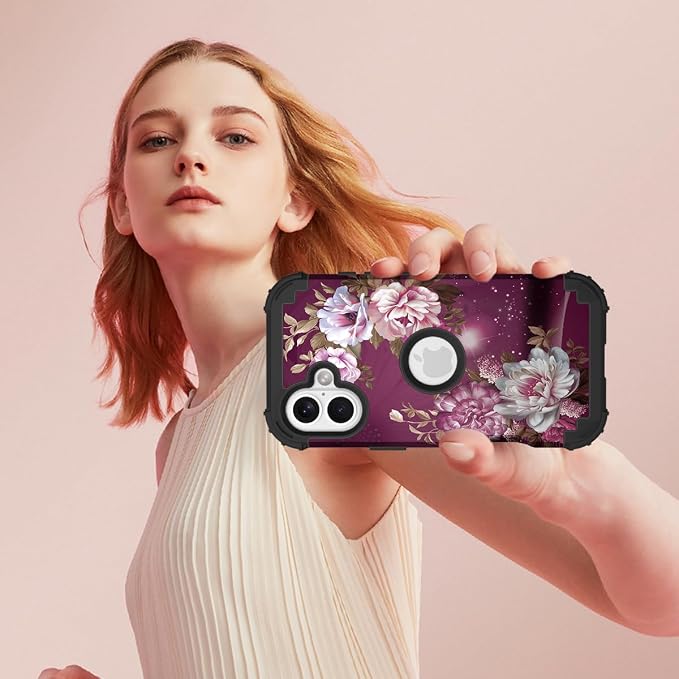Hocase for iPhone 16 Case 6.1", Heavy Duty Shockproof Protection Soft Silicone Rubber+Hard Plastic Bumpers Hybrid Protective Case for iPhone 16 2024 - Royal Purple Flowers