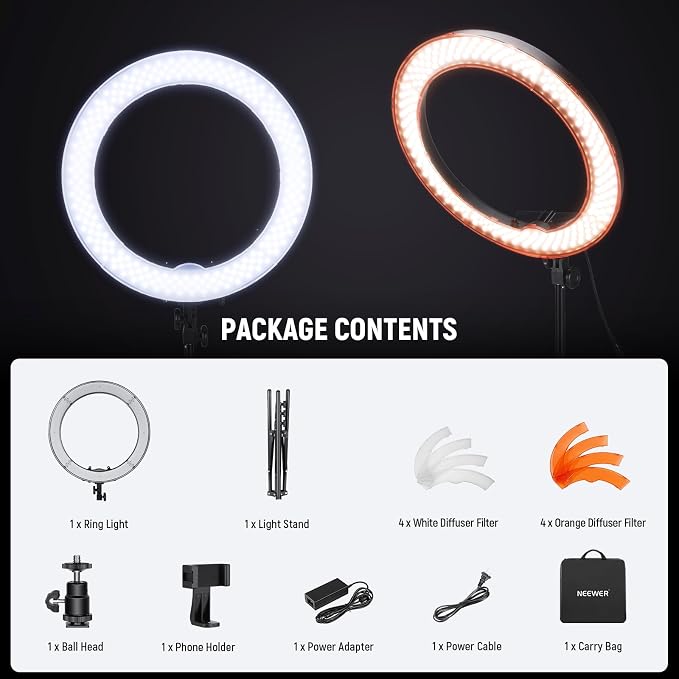 NEEWER 58W 18"/45cm Ring Light Kit, 3200K & 5600K Bi Color Dimmable CRI95 LED Selfie Lighting for iPhone with Tripod Stand/Phone Holder/Cold Shoe for Makeup Studio Video Recording Photography, RL-18
