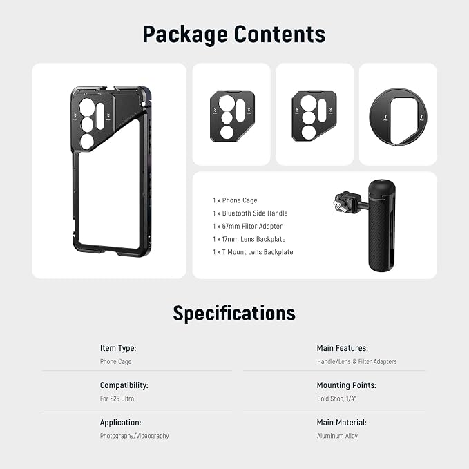 NEEWER S25 Ultra Phone Cage, PA082 Mobile Video Rig Phone Stabilizer for Video Recording with PA045E Bluetooth Side Handle, 67mm Filter Adapter, 17mm Lens Backplate & T Mount Compatible with Moment