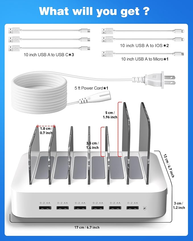 MSTJRY Charging Station for Multiple Devices : 6 Port USB Charger Stations - Family Multi-Device Organizer Charging Dock - Designed for iPhone iPad Android Cell Phone Tablet and Electronic, White