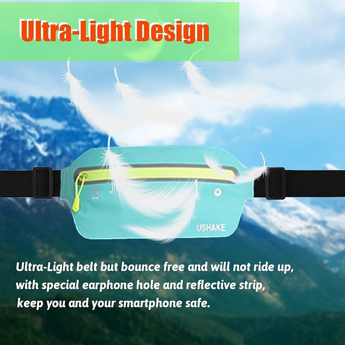 USHAKE Slim Running Belt, Ultra Light Bounce Free Waist Pouch Fitness Workout Belt Sport Waist Pack Exercise Waist Bag for Apple iPhone Samsung in Running Gym Marathon Cycling