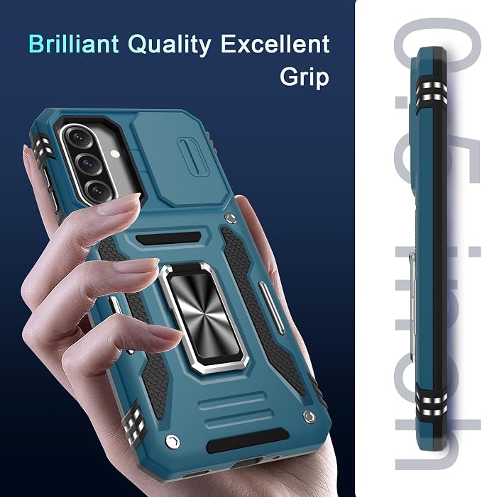 DEERLAMN Case for Samsung Galaxy A17 5G with Slide Camera Cover+Screen Protector (1 Pack), Rotated Ring Kickstand Military Grade Shockproof Protective Cover-Light Blue