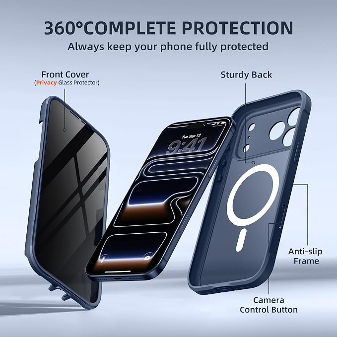 BERFY for iPhone 17 Pro Case, Compatible with MagSafe, Built-in Privacy Screen Protector, Camera Protection, Shockproof Full Body Phone Case 6.3", Translucent Deep Blue