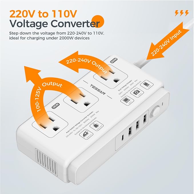 TESSAN Voltage Converter US to Europe, 220 to 110 Voltage Converter | Universal Travel Adapter, 4 USB Ports (1 USB C), 3 AC and EU UK AU IT in ZA Plug Power Adapter, Step Down Transformer, 4 FT