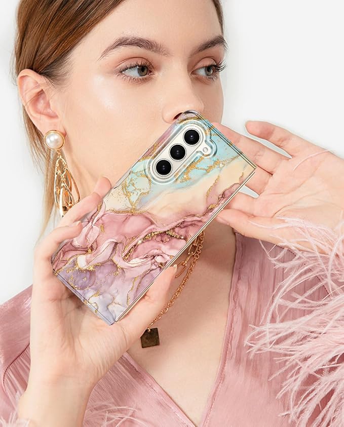 Btscase for Samsung Galaxy Z Fold 5 Case,Built in Front Screen Protector,Gold Glitter Marble Pattern Hard PC Slim Shockproof Full Body Drop Protective Case for Galaxy Z Fold 5 5G, Rose Gold